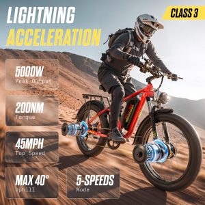 PUJH 5000W Dual Motors Adults Electric Bike, 60V 20Ah 26" Fat Tire Fast Ebike, Max 45 mph up to 100 Miles Full Suspension Hydraulic Disc Brake Class 3 Ebike Off Road Mountain Hunting for Men (Red)