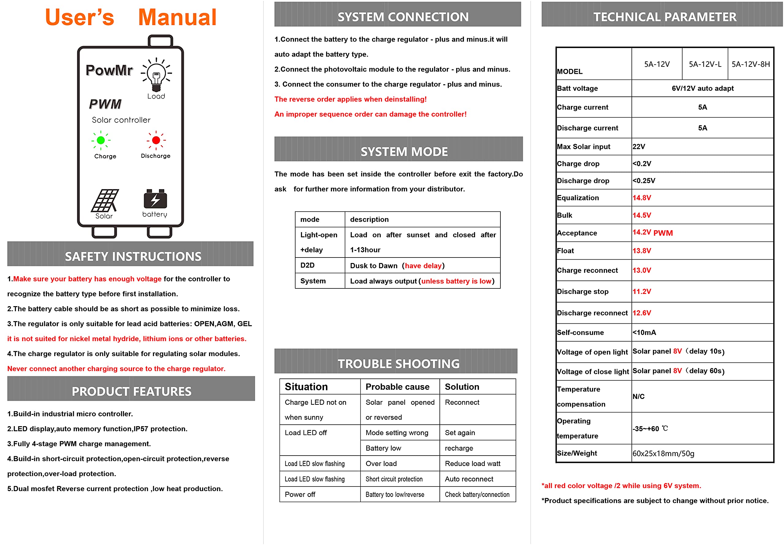 Waterproof 5A Solar Charge Controller 6V/12V Auto, 5 amp Solar Panel Charging Regulator IP67 Waterproof 24Hours Load on for Lead-Acid (AGM Gel Seal Flooded) Battery - Image 3
