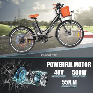 ANCHEER 26'' Electric Bike for Adults, Peak 750W Low Frame Electric City Bike with 48V/374Wh Battery, Up to 50Miles Step Through Commuter Ebike/Electric Bicycle with Basket, LCD Display