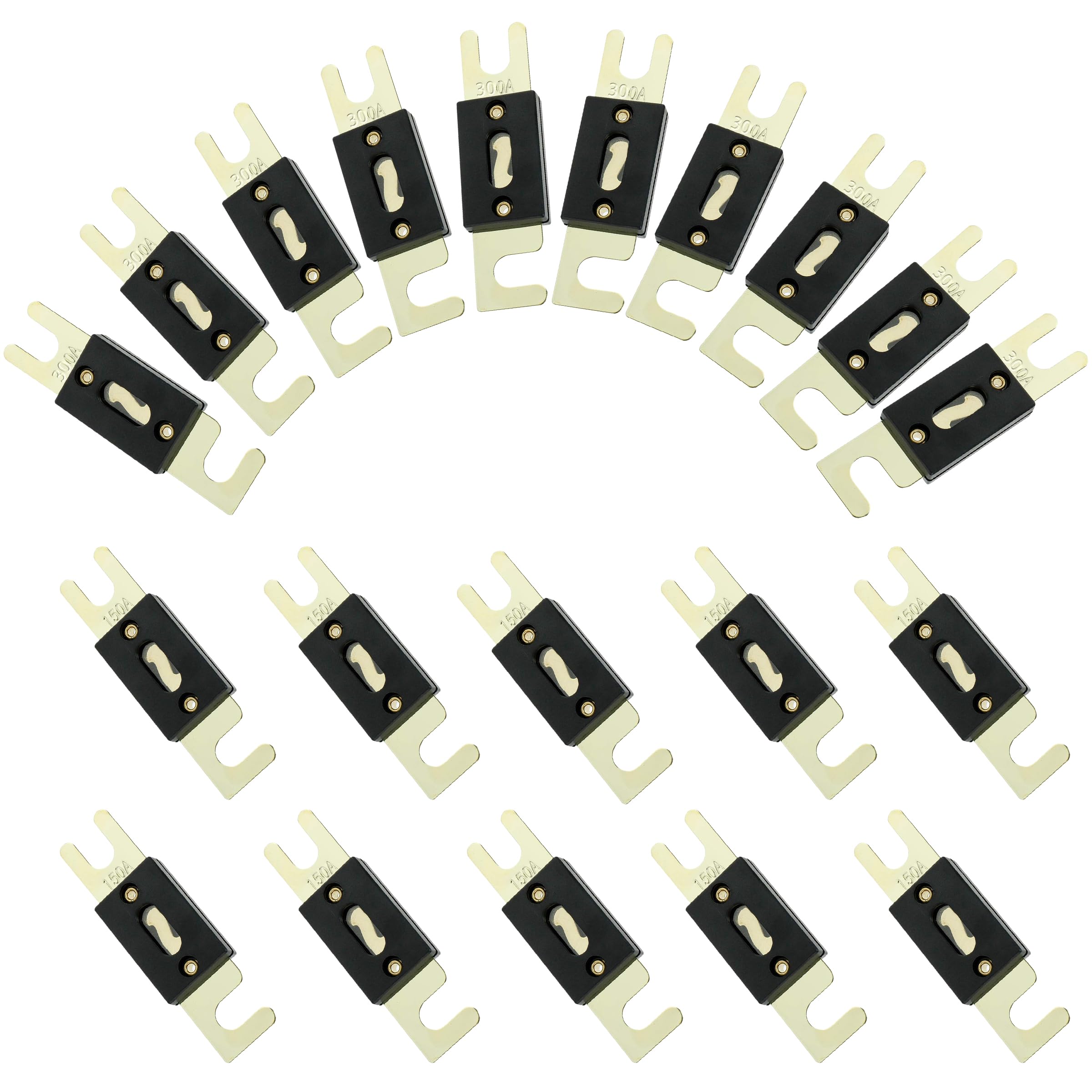 Dekeliy ANL Fuse Kit with 10Pcs 150 Amp Fuses & 10Pcs 300 Amp Fuses,Inline Blade Fuse with Gold-Plated Terminals for Car Audio,Solar System, Boat,Truck,RV,Car Fuse with12V/24V Circuit Protection