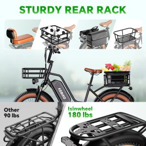 2 Seater Electric Bike, 1300W Peak (750W) Motor Ebike, 48V 20AH Removable Battery, 20"x 4.0" Fat Tire Electric Bike, Commuter Electric Bicycle for Adults, Ctity Couple Ebike,Black