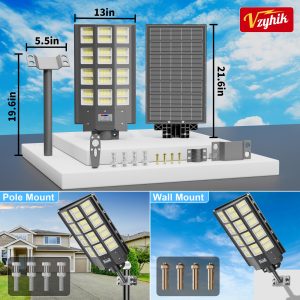 Vzyhik Solar Street Light, 8000W 7000K 480000LM 1152pcs LED Solar Parking Lot Lights Dusk to Dawn, Solar Flood Light Wide Angle Motion Sensor and Remote Control for Area Lighting Yard 2-Pack