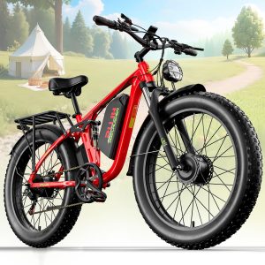 PUJH 5000W Dual Motors Adults Electric Bike, 60V 20Ah 26" Fat Tire Fast Ebike, Max 45 mph up to 100 Miles Full Suspension Hydraulic Disc Brake Class 3 Ebike Off Road Mountain Hunting for Men (Red)