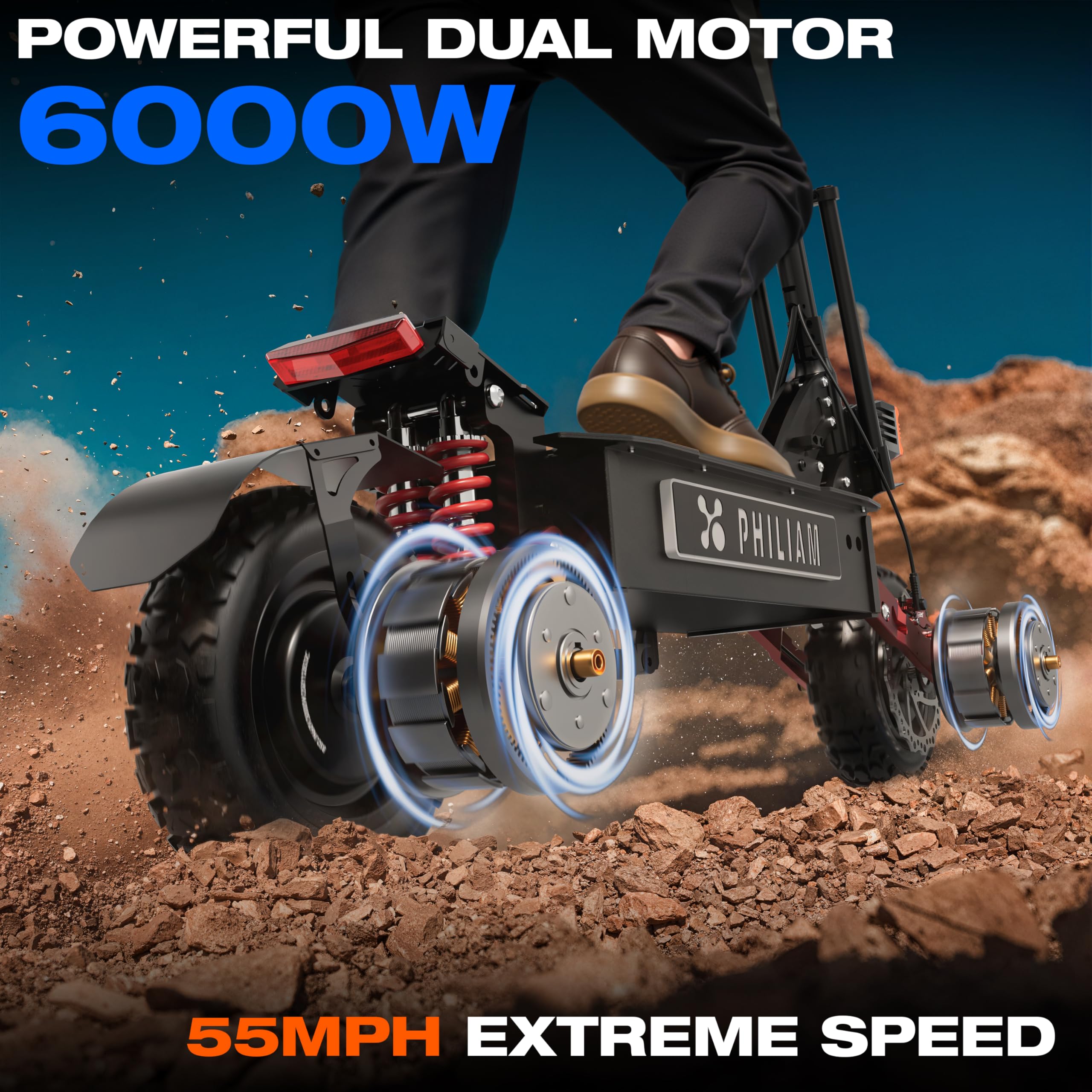 PHILIAM Adult Electric Scooter 6000W Dual Motor up to 55MPH Speed & Range to 70 Miles, E Scooter with 60V 38Ah Battery, 11" All Terrain Fat tires, Full Suspensions & Foldable Off Road Electric Scooter - Image 8