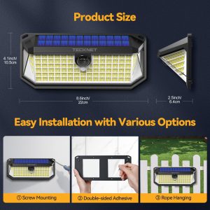 TECKNET 416 LED Solar Lights Outdoor Waterproof, 300° Angle & 3 Lighting Modes Motion Sensor Outdoor Lights, 2 Pack Security Solar Flood Lights IP66 for Fence Front Door Yard Deck Garden Garage