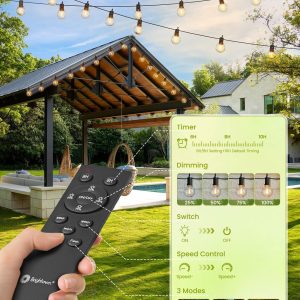 Brightown 58FT Solar String Lights Outdoor with Remote Cable Ties and Hooks, Commercial Grade Patio Lights with 26 LED Shatterproof Bulbs, 3 Light Modes Hanging Light for Backyard Party Decor