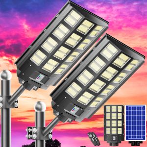 Vzyhik Solar Street Light, 8000W 7000K 480000LM 1152pcs LED Solar Parking Lot Lights Dusk to Dawn, Solar Flood Light Wide Angle Motion Sensor and Remote Control for Area Lighting Yard 2-Pack